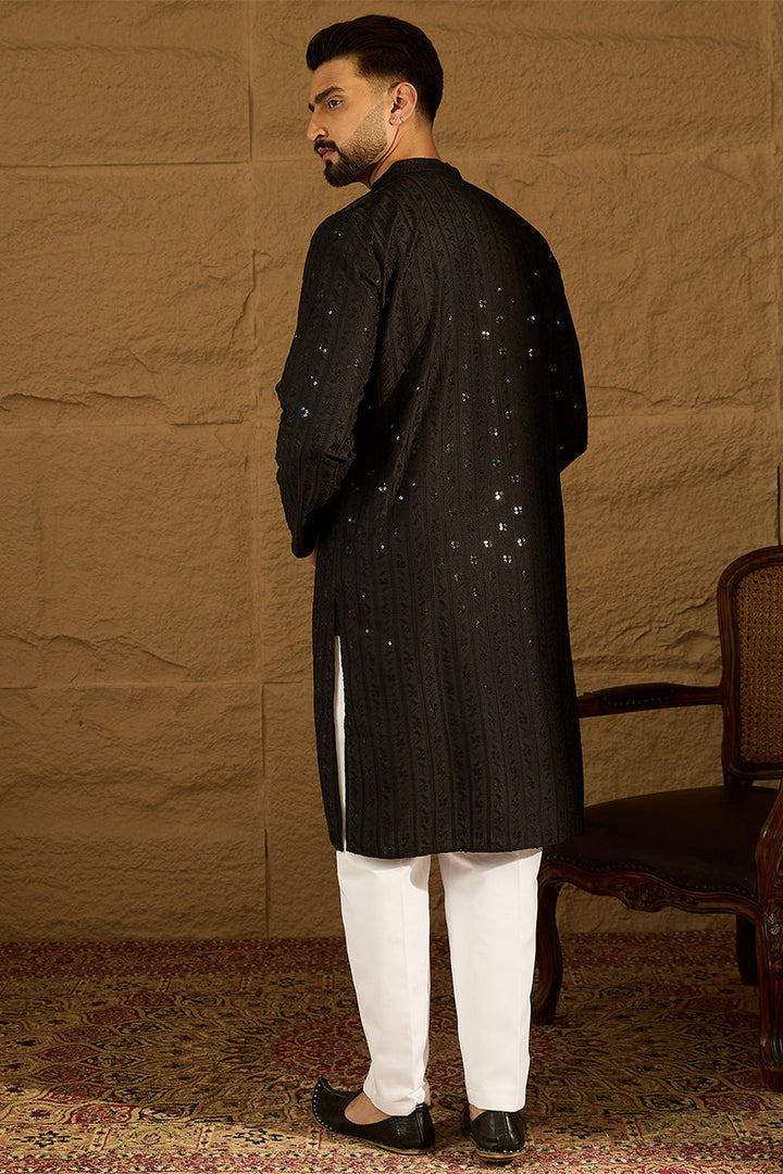 Black Viscose Rayon Solid Embroidered Straight Kurta with Trouser | SHOBITAM