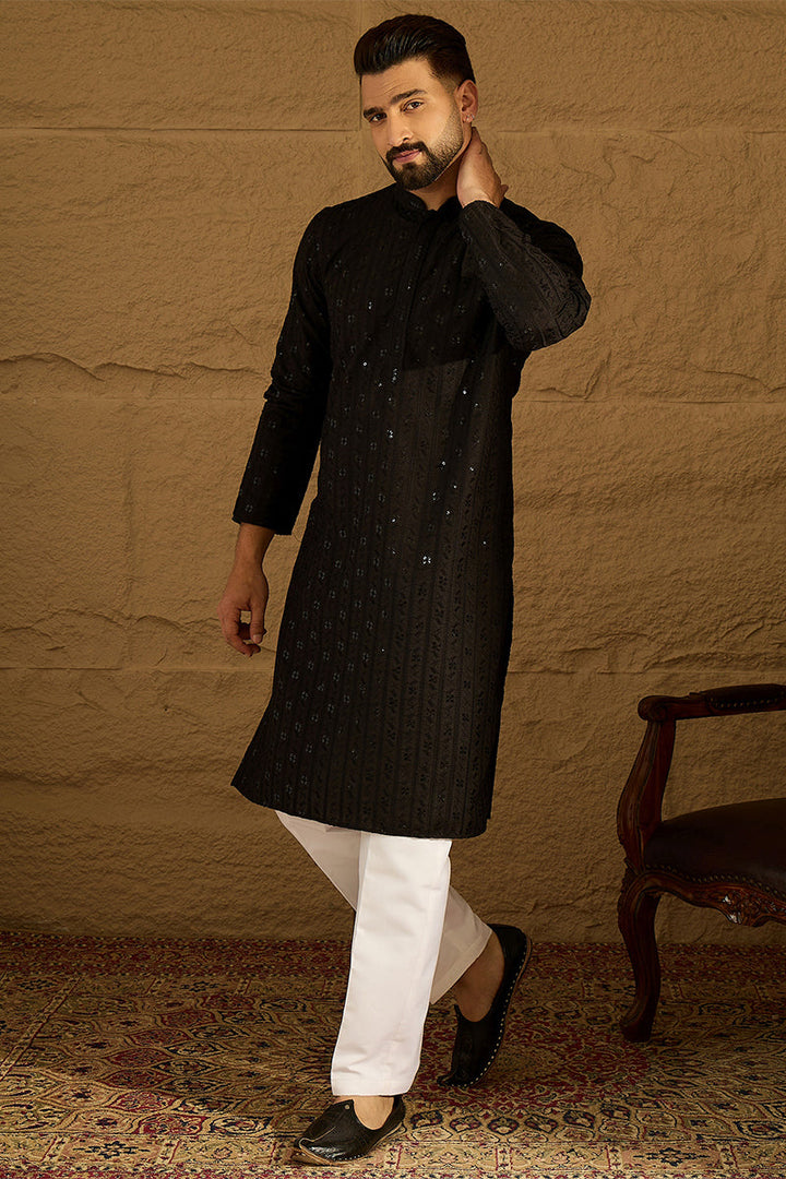 Black Viscose Rayon Solid Embroidered Straight Kurta | SHOBITAM