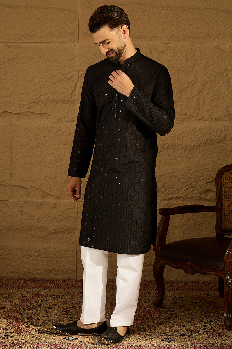 Black Viscose Rayon Solid Embroidered Straight Kurta with Trouser | SHOBITAM