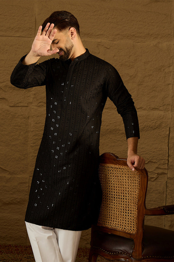 Black Viscose Rayon Solid Embroidered Straight Kurta | SHOBITAM