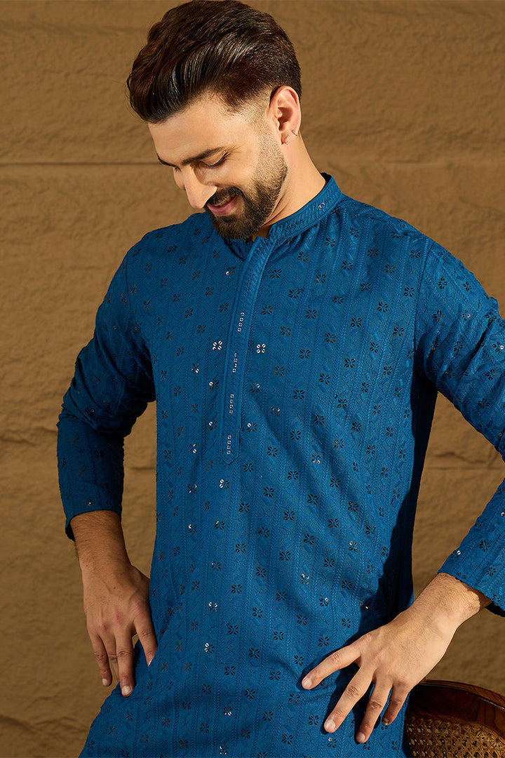 Blue Viscose Rayon Solid Embroidered Straight Kurta | SHOBITAM