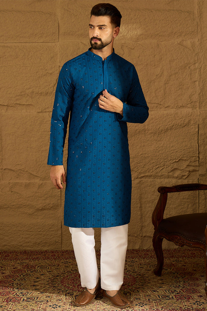 Blue Viscose Rayon Solid Embroidered Straight Kurta with Trouser | SHOBITAM