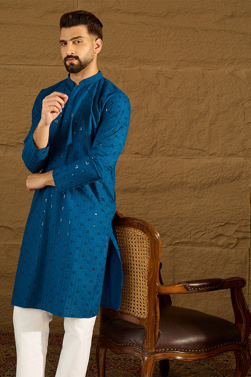 Blue Viscose Rayon Solid Embroidered Straight Kurta | SHOBITAM