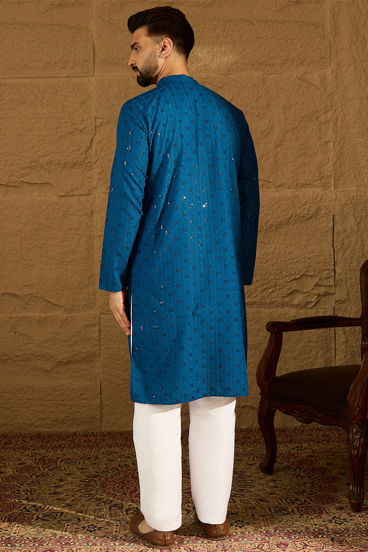 Blue Viscose Rayon Solid Embroidered Straight Kurta with Trouser | SHOBITAM
