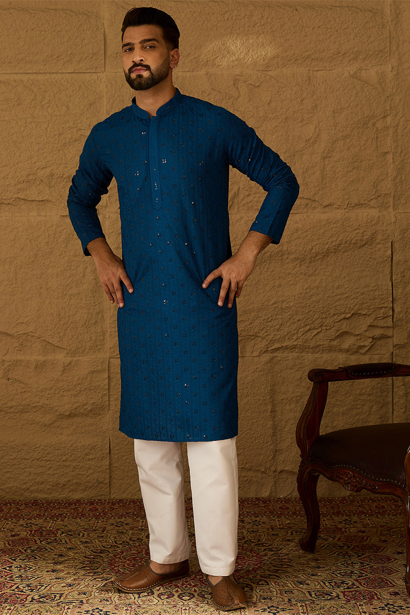 Blue Viscose Rayon Solid Embroidered Straight Kurta with Trouser | SHOBITAM