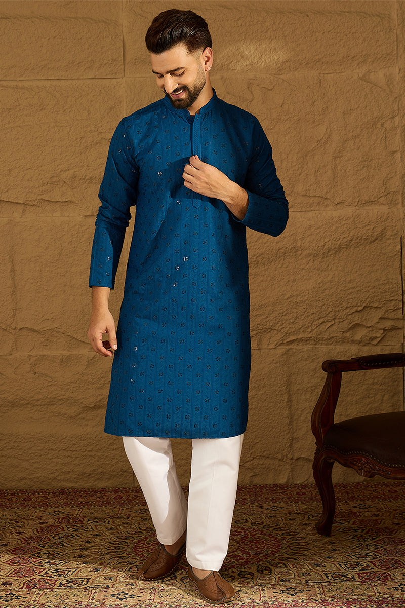 Blue Viscose Rayon Solid Embroidered Straight Kurta | SHOBITAM