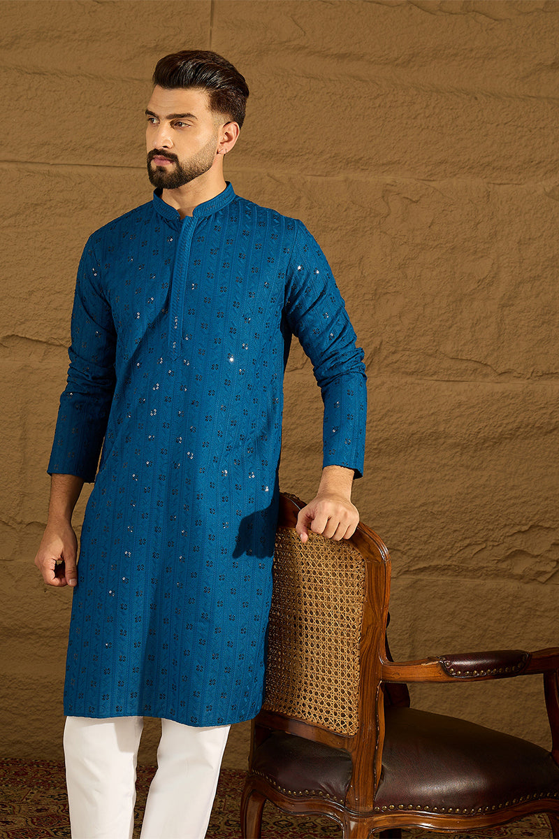 Blue Viscose Rayon Solid Embroidered Straight Kurta | SHOBITAM