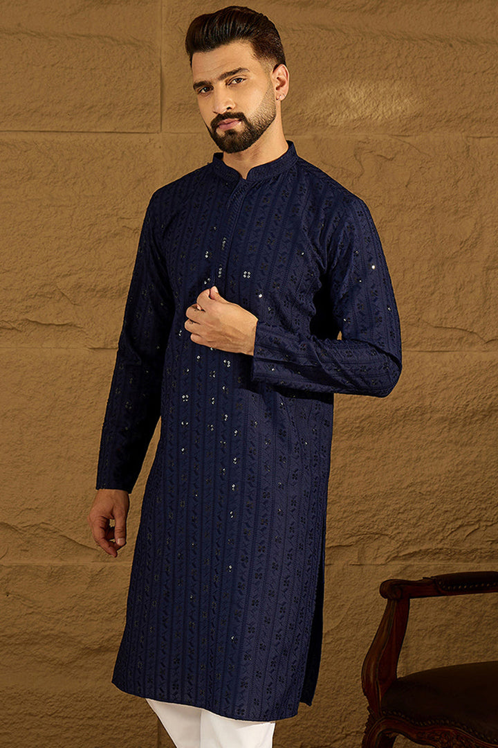 Navy Blue Viscose Rayon Solid Embroidered Straight Kurta | SHOBITAM