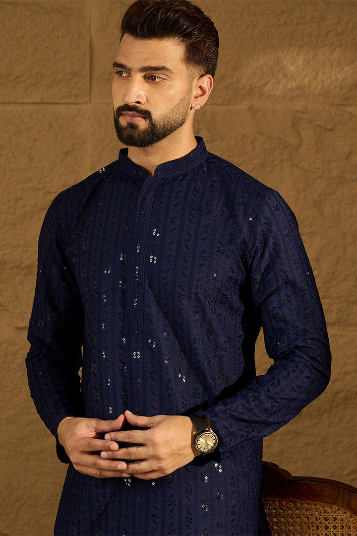 Navy Blue Viscose Rayon Solid Embroidered Straight Kurta | SHOBITAM