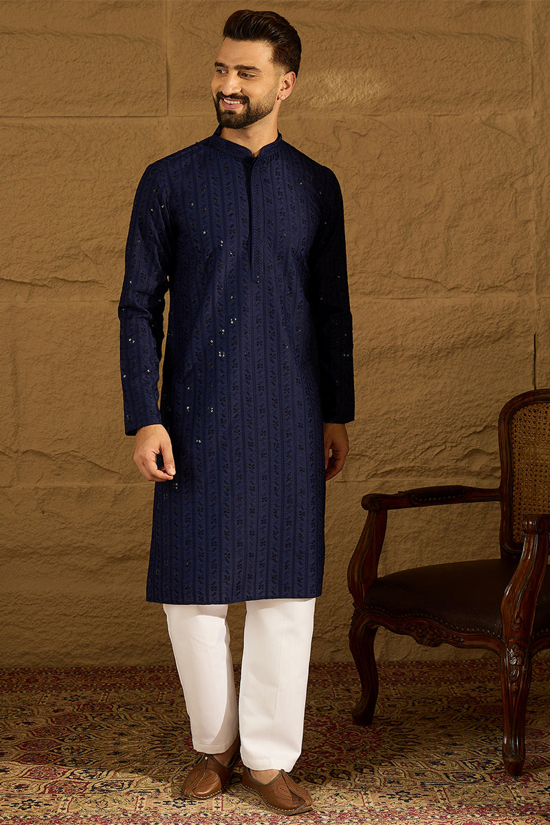 Navy Blue Viscose Rayon Solid Embroidered Straight Kurta | SHOBITAM