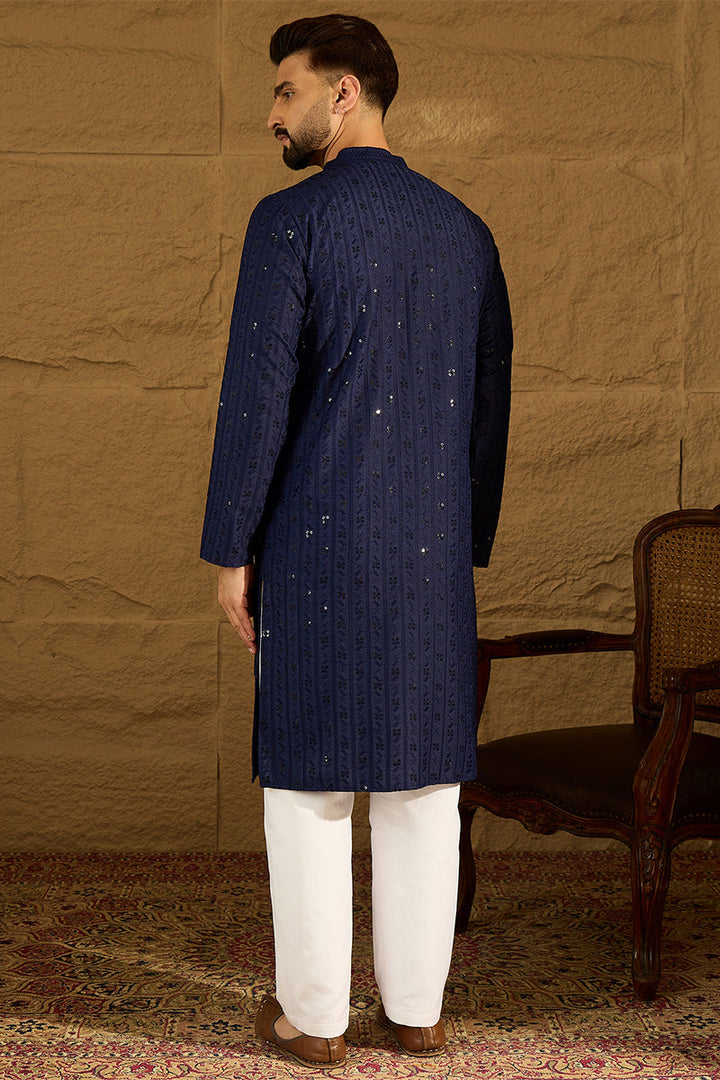 Navy Blue Viscose Rayon Solid Embroidered Straight Kurta | SHOBITAM