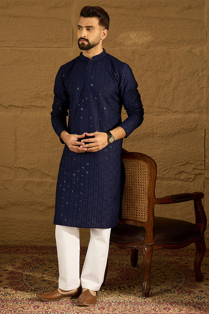Navy Blue Viscose Rayon Solid Embroidered Straight Kurta | SHOBITAM