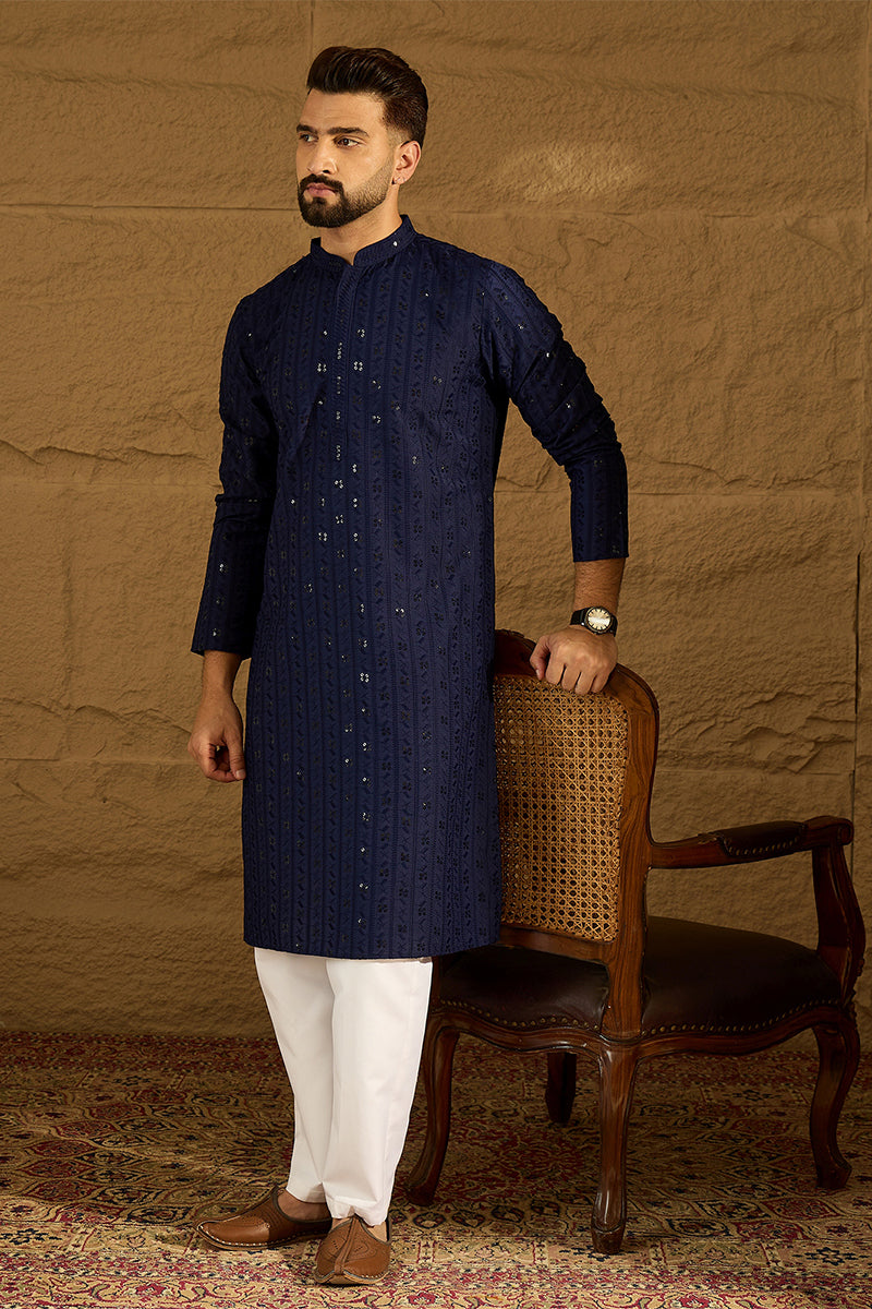 Navy Blue Viscose Rayon Solid Embroidered Straight Kurta | SHOBITAM
