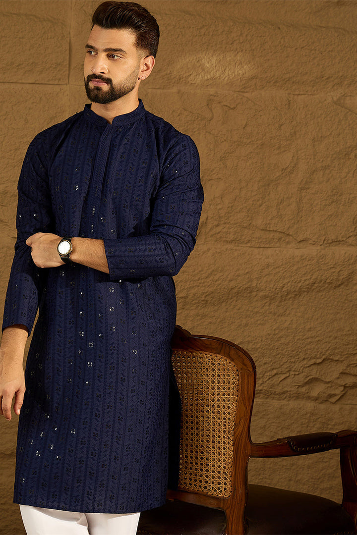 Navy Blue Viscose Rayon Solid Embroidered Straight Kurta | SHOBITAM