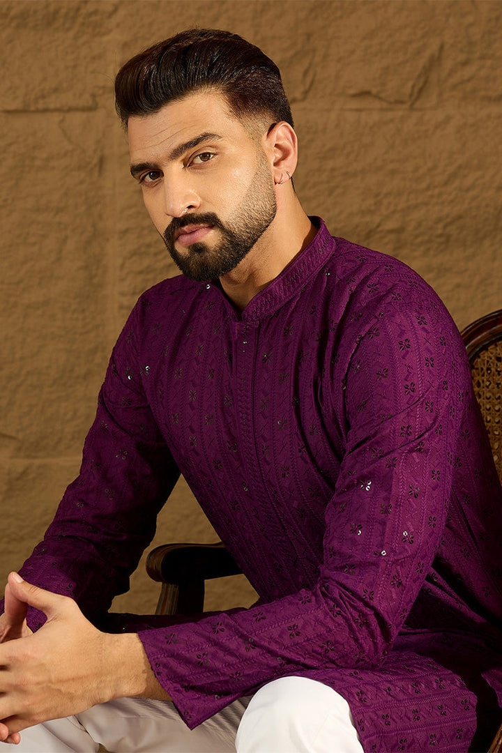 Purple Viscose Rayon Solid Embroidered Straight Kurta | SHOBITAM