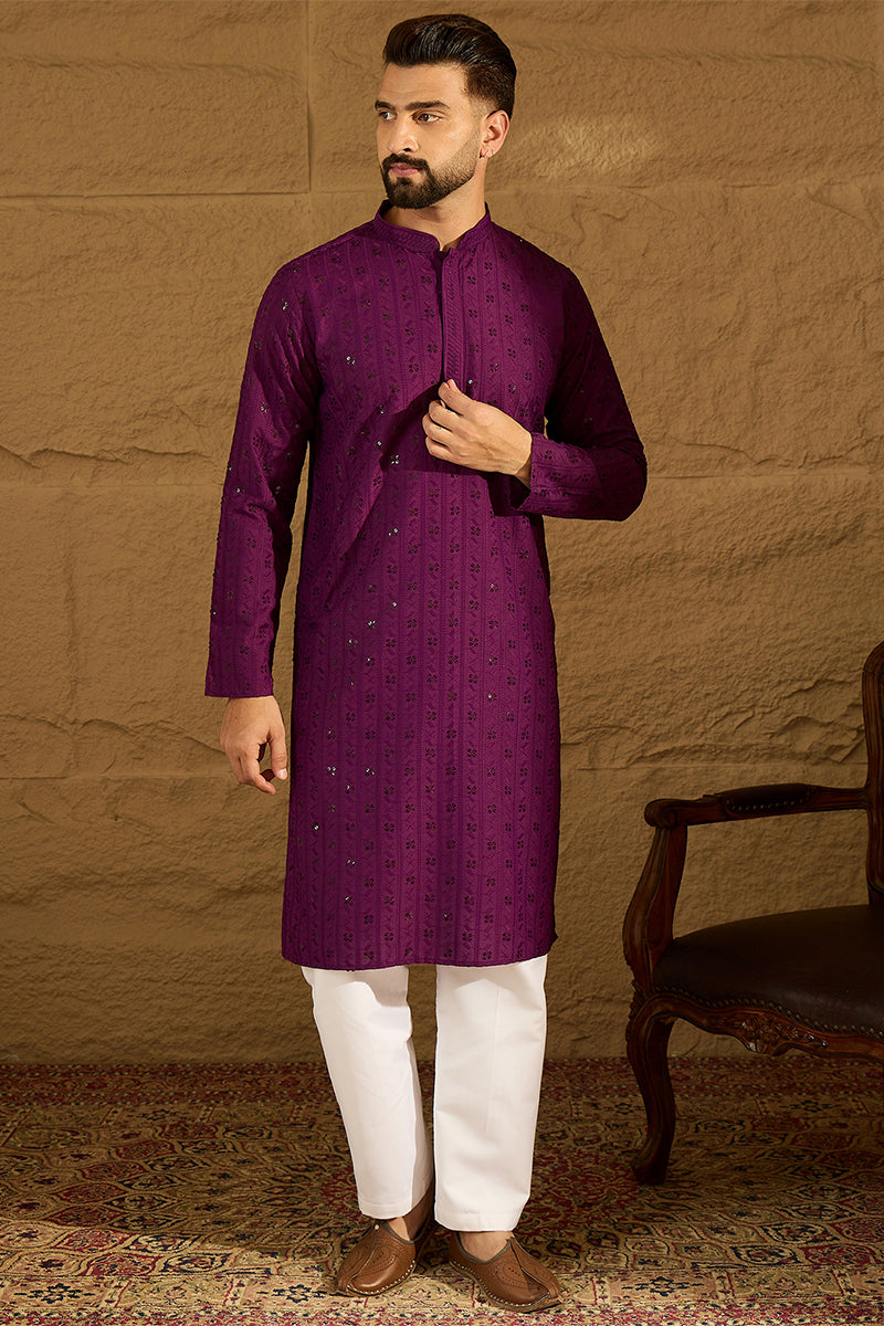 Purple Viscose Rayon Solid Embroidered Straight Kurta | SHOBITAM