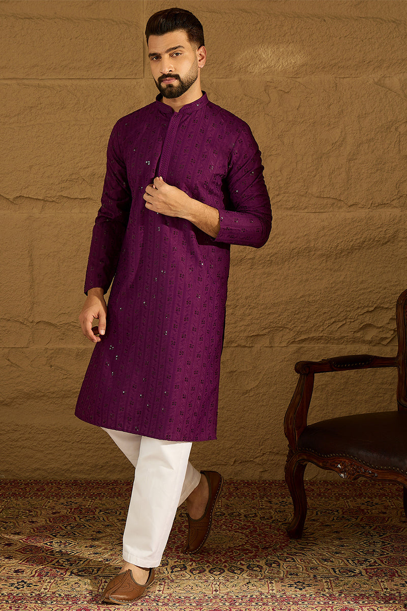 Purple Viscose Rayon Solid Embroidered Straight Kurta | SHOBITAM