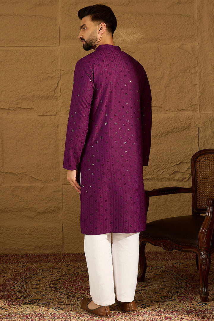 Purple Viscose Rayon Solid Embroidered Straight Kurta | SHOBITAM