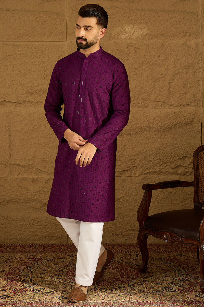 Purple Viscose Rayon Solid Embroidered Straight Kurta | SHOBITAM