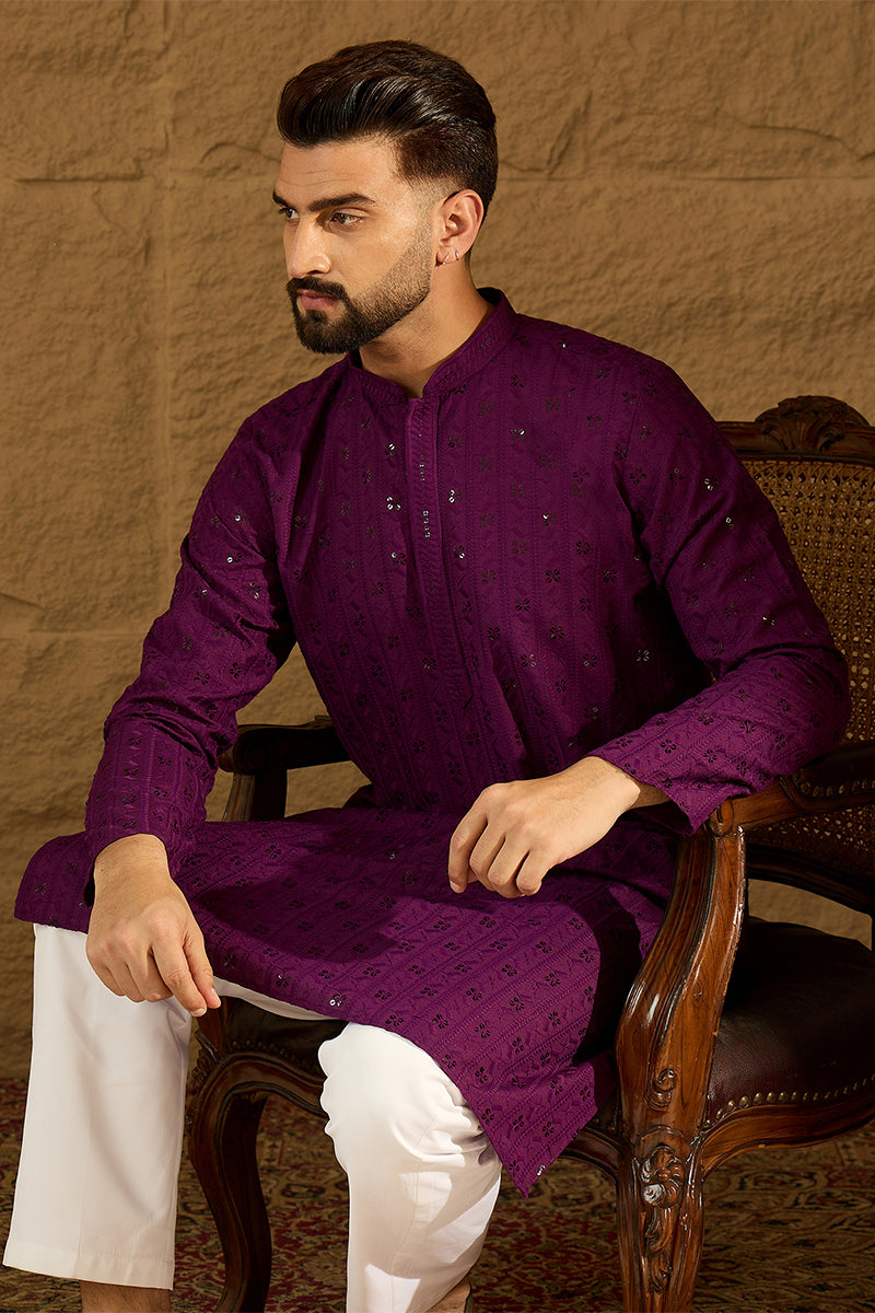 Purple Viscose Rayon Solid Embroidered Straight Kurta | SHOBITAM