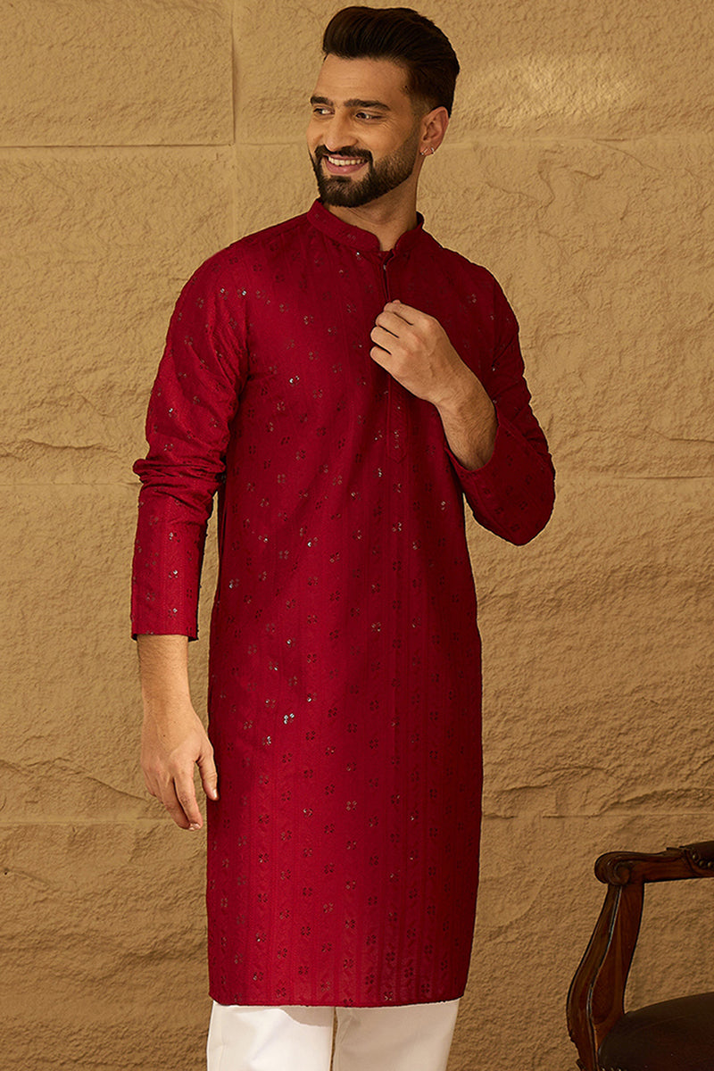 Maroon Viscose Rayon Solid Embroidered Straight Kurta | SHOBITAM