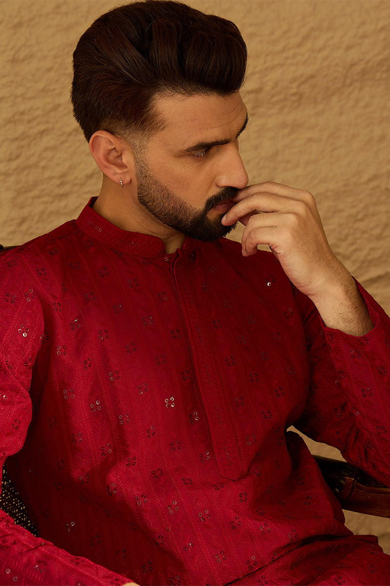 Maroon Viscose Rayon Solid Embroidered Straight Kurta | SHOBITAM