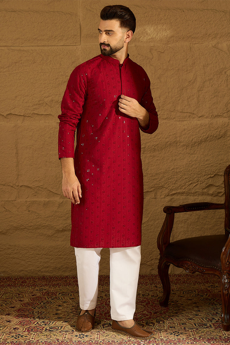 Maroon Viscose Rayon Solid Embroidered Straight Kurta | SHOBITAM