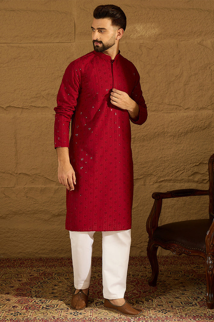 Maroon Viscose Rayon Solid Embroidered Straight Kurta | SHOBITAM