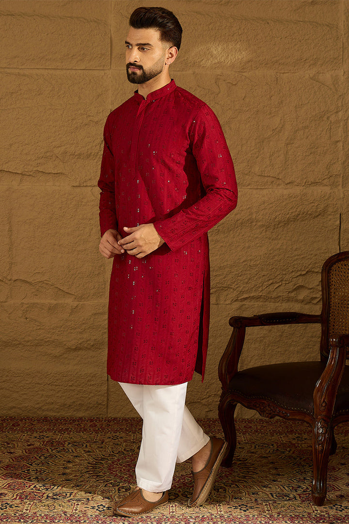 Maroon Viscose Rayon Solid Embroidered Straight Kurta | SHOBITAM