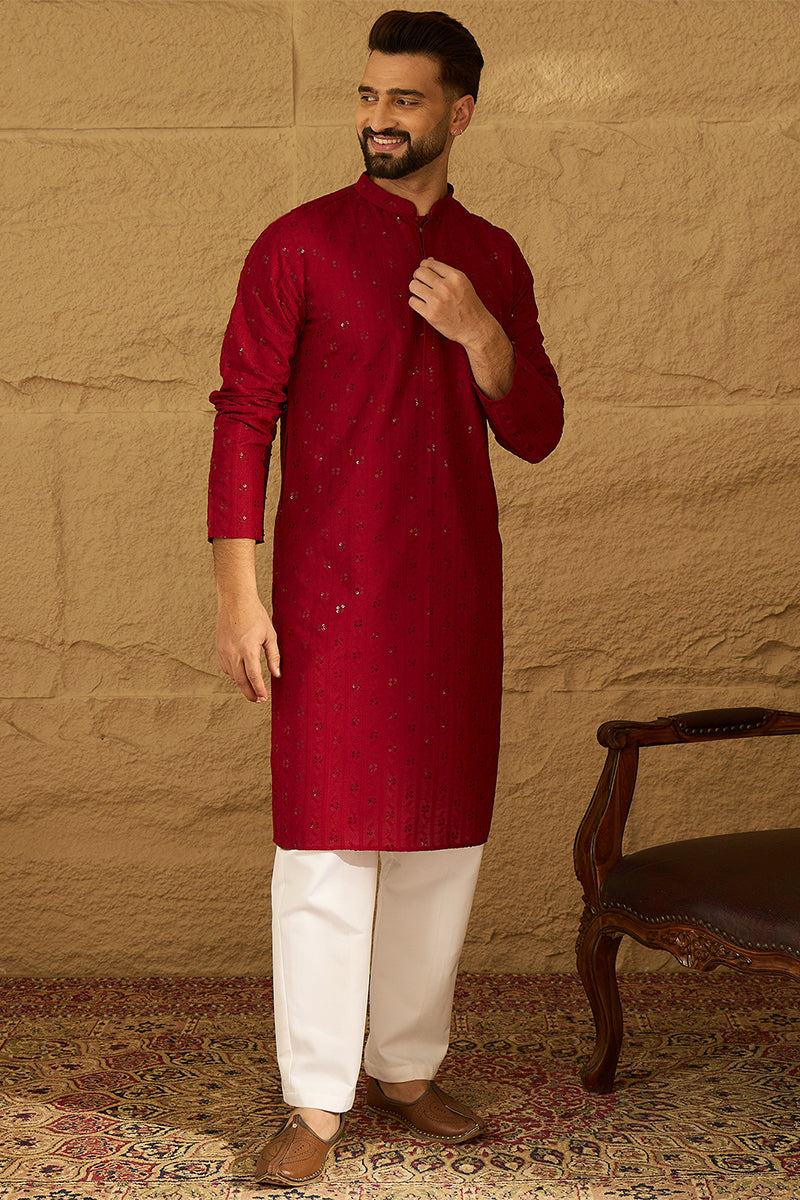 Maroon Viscose Rayon Solid Embroidered Straight Kurta with Trouser |SHOBITAM