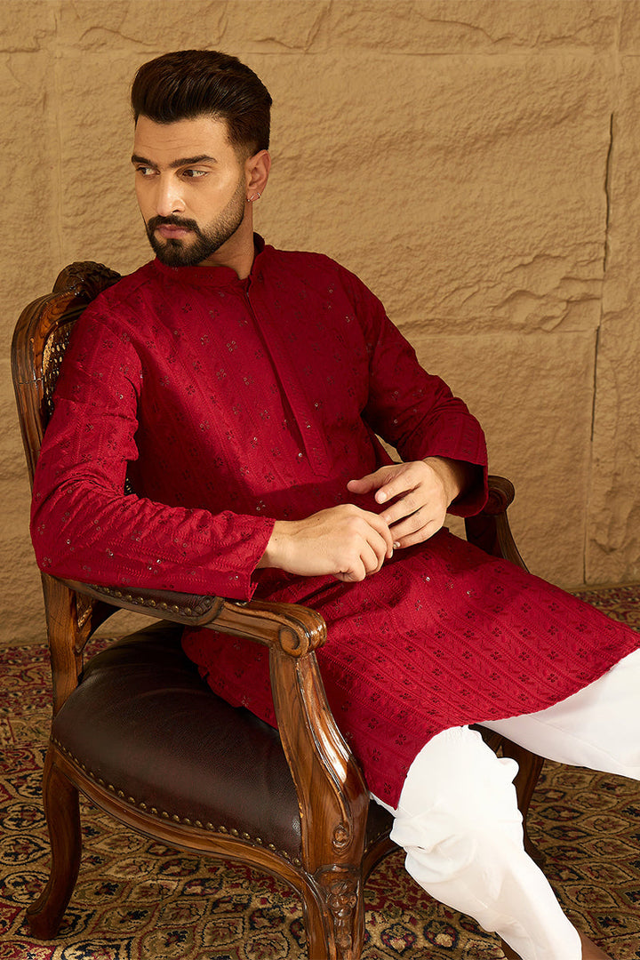 Maroon Viscose Rayon Solid Embroidered Straight Kurta | SHOBITAM
