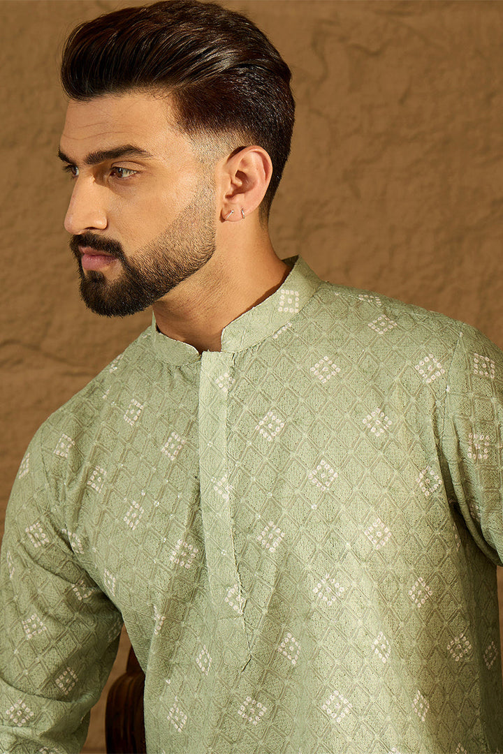 Green Viscose Rayon Bandhani Embroidered Straight Kurta | SHOBITAM