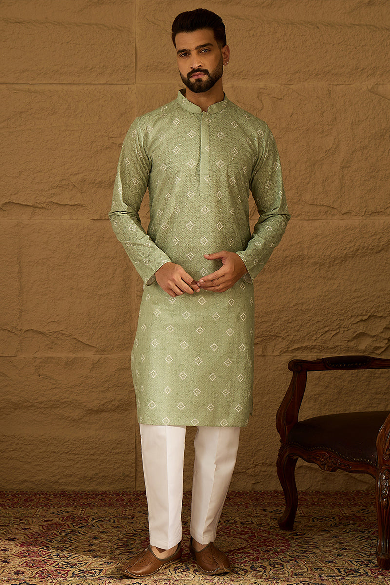 Green Viscose Rayon Bandhani Embroidered Straight Kurta with Trouser | SHOBITAM