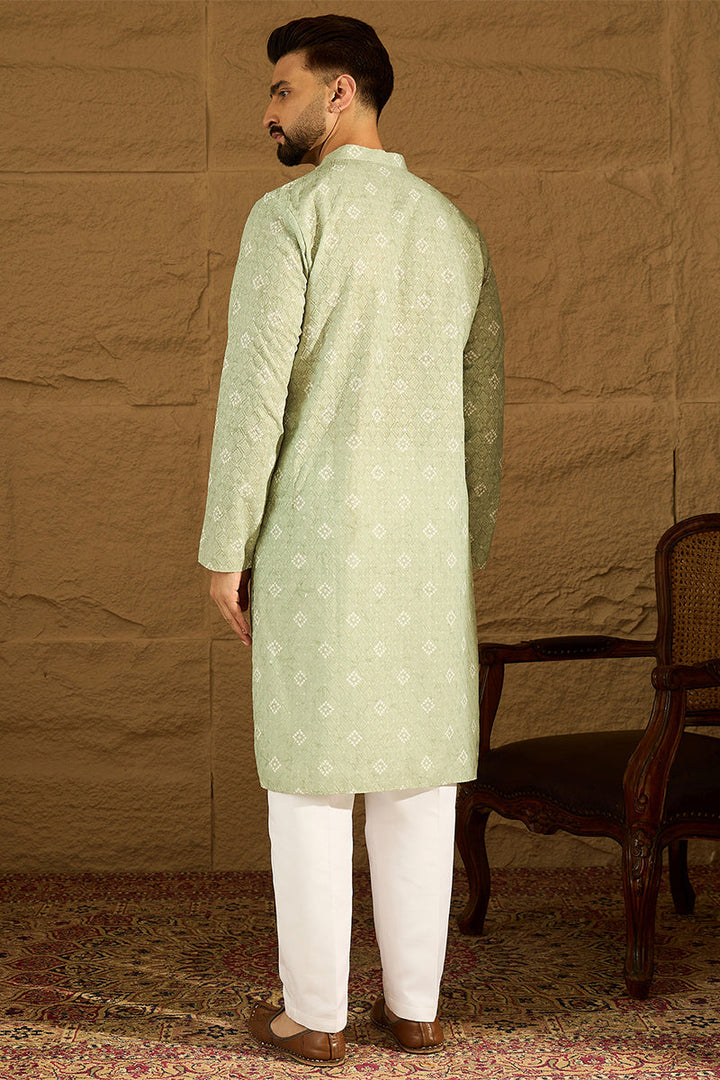 Green Viscose Rayon Bandhani Embroidered Straight Kurta with Trouser | SHOBITAM