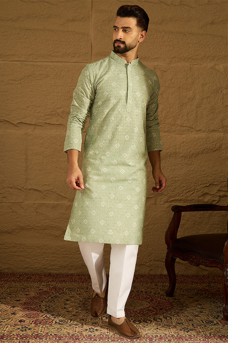 Green Viscose Rayon Bandhani Embroidered Straight Kurta with Trouser | SHOBITAM