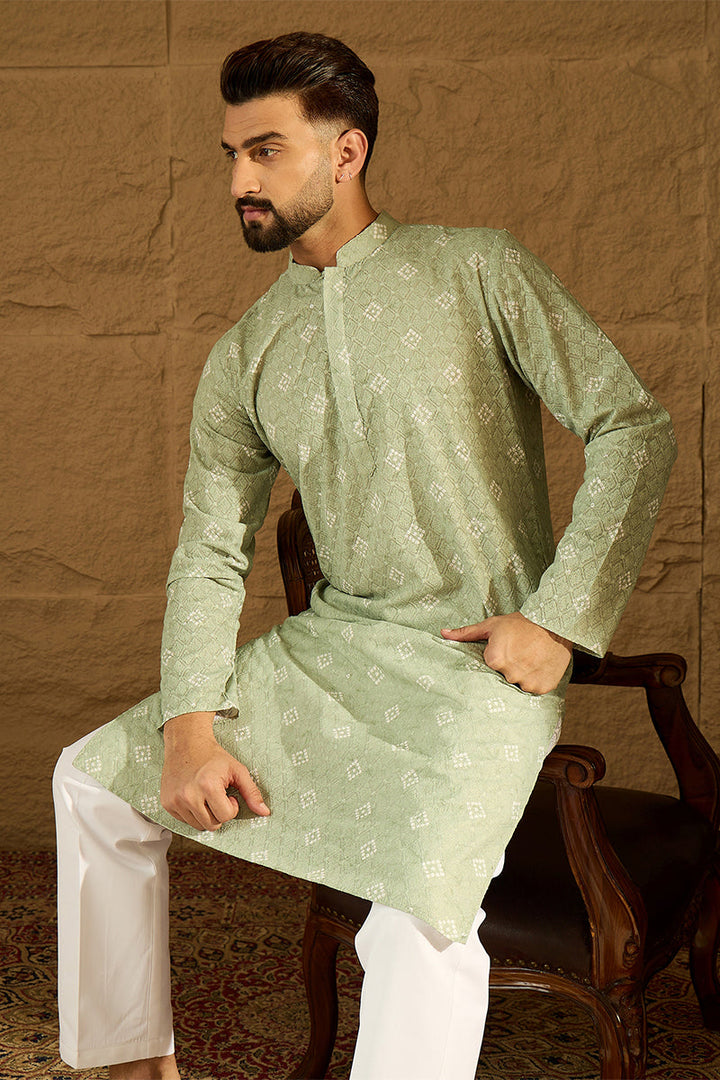 Green Viscose Rayon Bandhani Embroidered Straight Kurta with Trouser | SHOBITAM