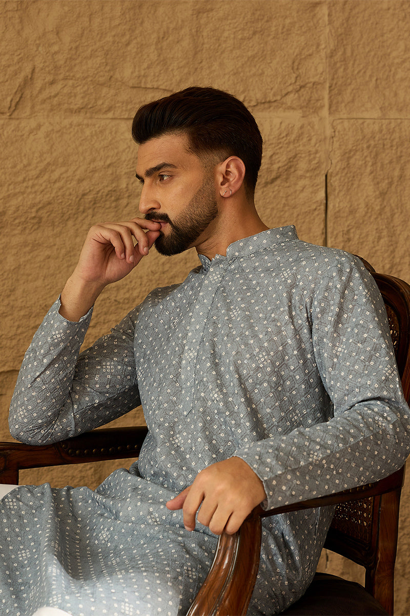 Blue Viscose Rayon Bandhani Embroidered Straight Kurta with Trouser | SHOBITAM