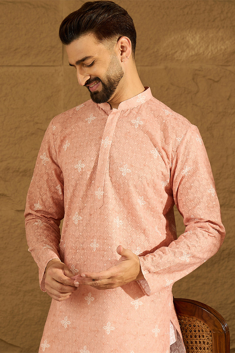 Peach Viscose Rayon Bandhani Embroidered Straight Kurta | SHOBITAM