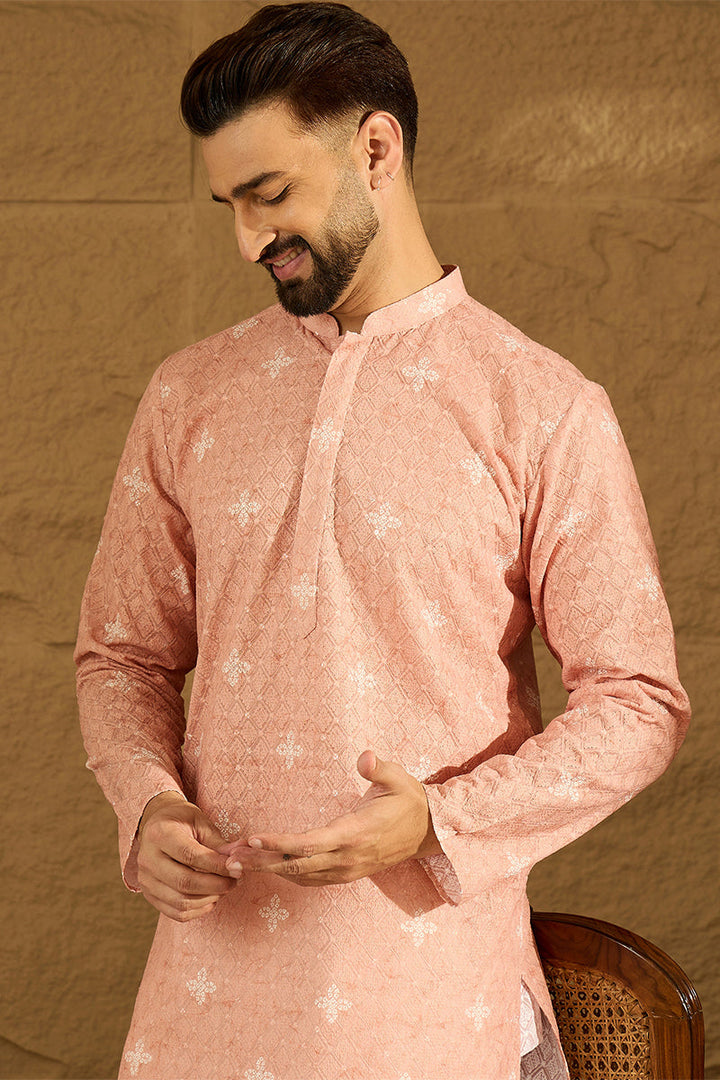 Peach Viscose Rayon Bandhani Embroidered Straight Kurta with Trouser | Shobitam