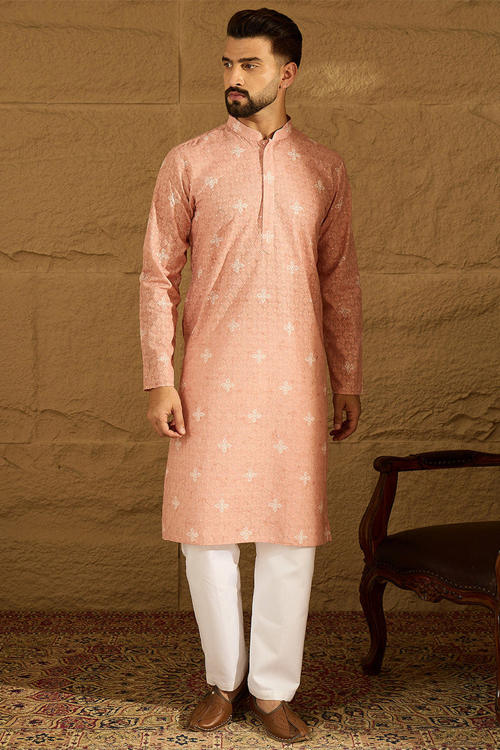 Peach Viscose Rayon Bandhani Embroidered Straight Kurta | SHOBITAM