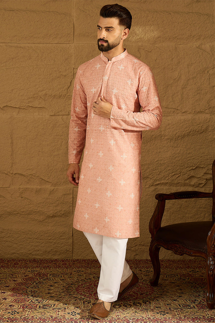 Peach Viscose Rayon Bandhani Embroidered Straight Kurta | SHOBITAM