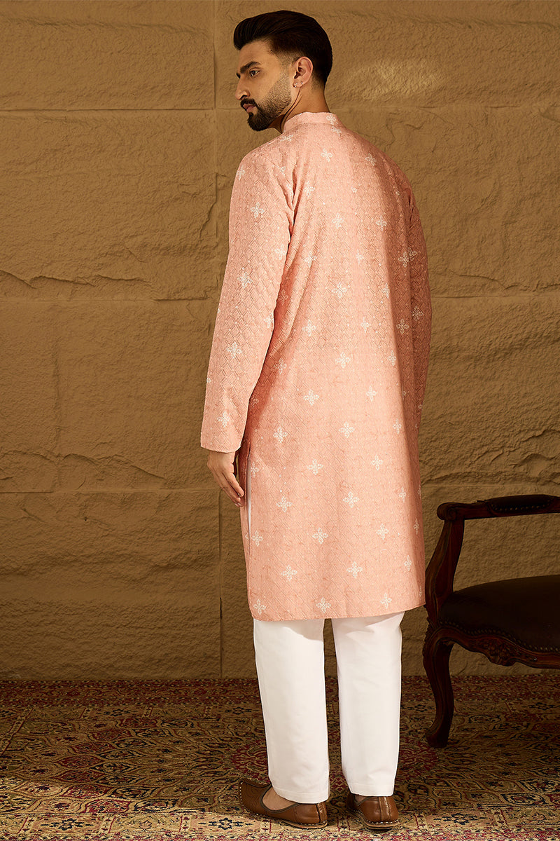 Peach Viscose Rayon Bandhani Embroidered Straight Kurta with Trouser | Shobitam