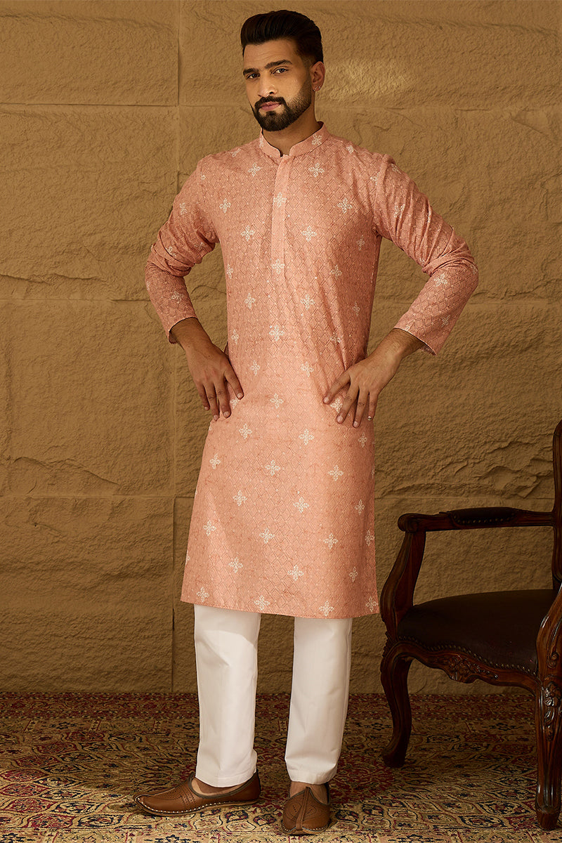 Peach Viscose Rayon Bandhani Embroidered Straight Kurta | SHOBITAM