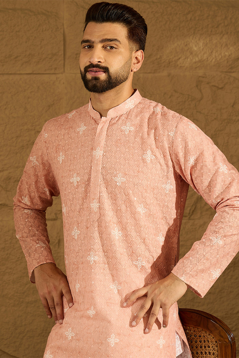 Peach Viscose Rayon Bandhani Embroidered Straight Kurta | SHOBITAM