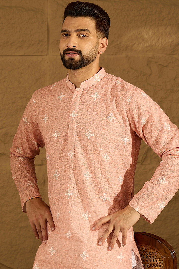 Peach Viscose Rayon Bandhani Embroidered Straight Kurta | SHOBITAM
