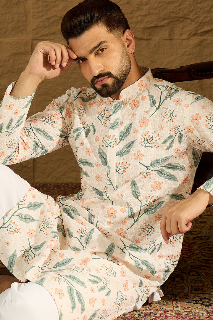 White Viscose Rayon Floral Embroidered Straight Kurta | SHOBITAM