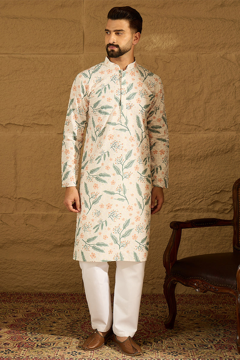White Viscose Rayon Floral Embroidered Straight Kurta | SHOBITAM