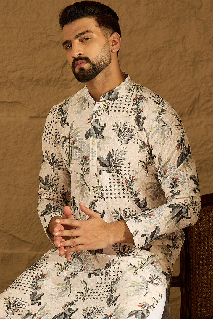Off White Viscose Rayon Geometric Printed Straight Kurta with Trouser | Shobitam