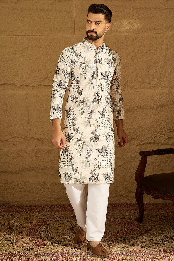 Off White Viscose Rayon Geometric Printed Straight Kurta with Trouser | Shobitam