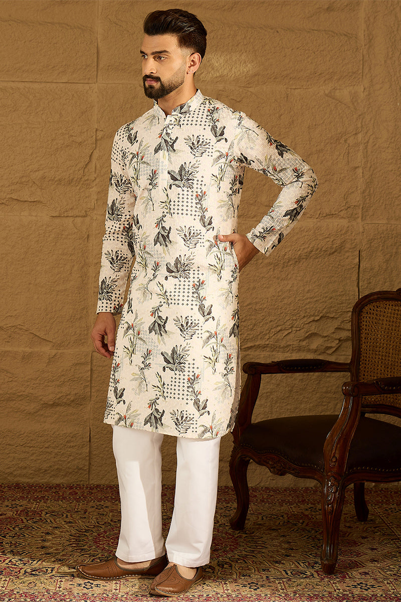 Off White Viscose Rayon Geometric Printed Straight Kurta with Trouser | Shobitam